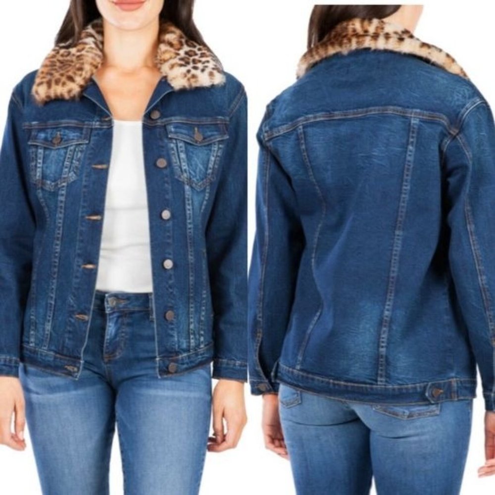 🆕KUT from the Kloth Jean Jacket Denim Blue Leopard Collar Small - Picture 1 of 11